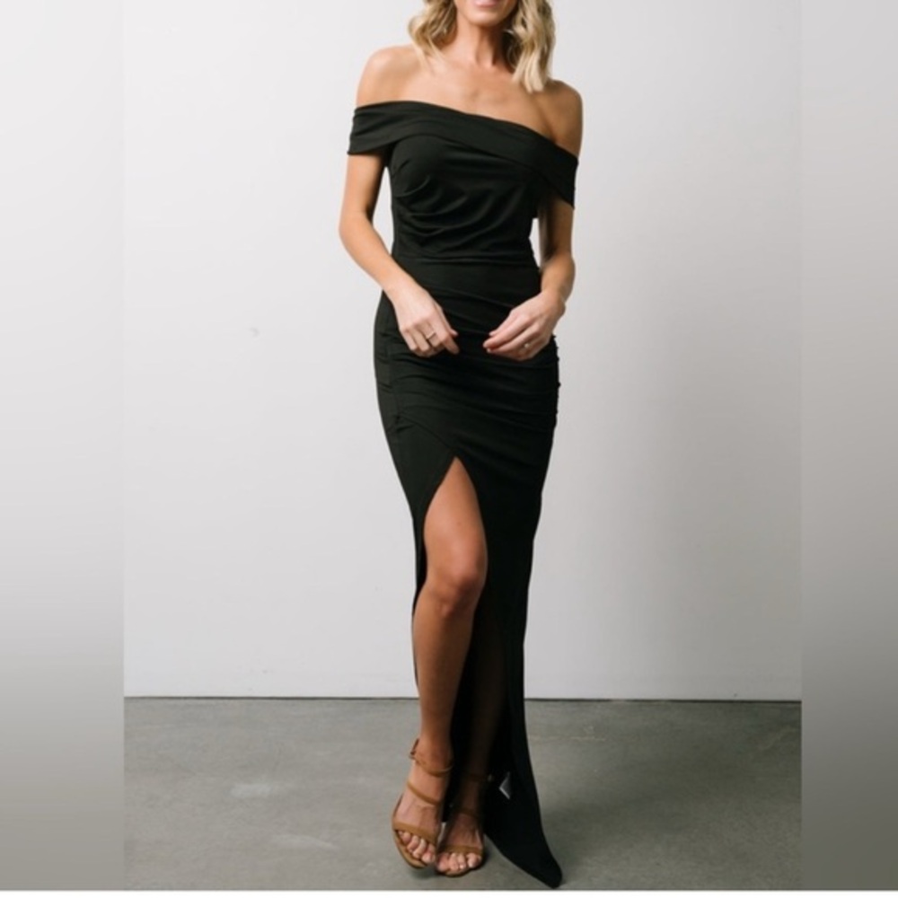 Baltic Born Black Off-Shoulder Asymmetrical Slit Dress